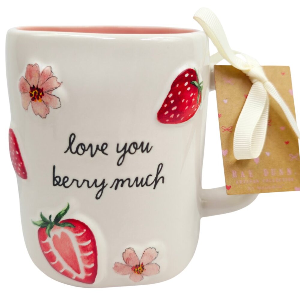 Rae Dunn "love you berry much" Embossed Strawberry and Floral Ceramic Coffee Mug